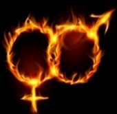 men, woman burning symbol