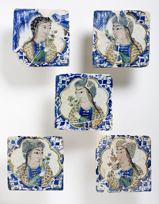 Figural Tiles | Origin: Northwest Iran | Period: Late Islamic | Collection: The Madina Collection of Islamic Art, gift of Camilla Chandler Frost (M.2002.1.224a-e) | Type: Ceramic; Architectural element, Fritware, underglaze-painted, 7 x 7 in. (17.78 x 17.78 cm) each