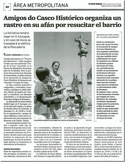 Recorte do xornal "El Ideal Gallego" correspondente ao mércores 17 de outubro de 2012