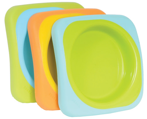 Beaba Soft Plate Set, BPA-free, dishwasher-safe, slip-resistant, and stackable. $29.95 for set of 3, beabausa.com.