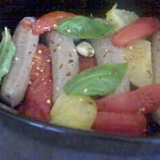 Cilantro Chicken Sausage with Roasted Heirloom tomatoes over Sauteed Kale and Penne