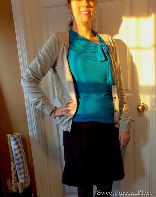 Blue bow shirt, grey cardigan, brown skirt and tights2