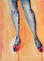 Lady Legs in Orange and Blue or Bloody Feet. Watercolor and ink on paper. 22x35. Sold.