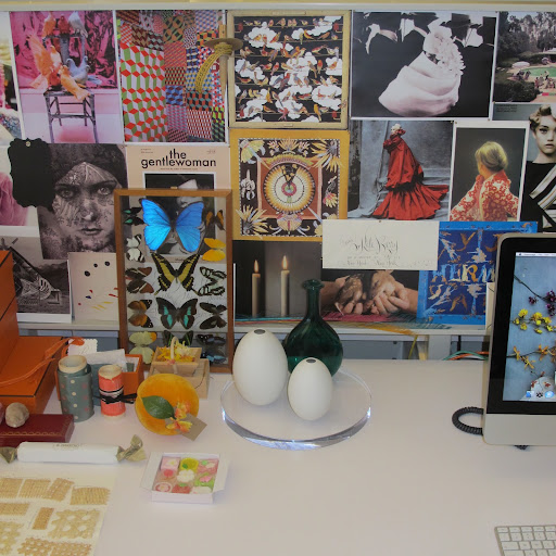 My desk walls are covered with my favorite images including a painting by Gerhard Richter (image of girl turned back in red and white coat).