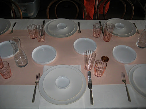 The beginning of one of our table set ups. Before flowers, napkins, place cards, etc.