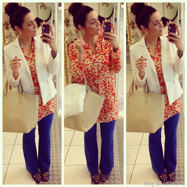 look calça flare azul, maxi blusa estampa laranja e blazer brancoo (2)