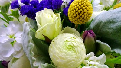 white, yellow and purple wedding flowers | Ideas in Bloom