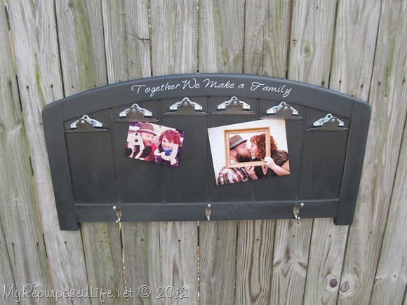 repurposed headboard photo display