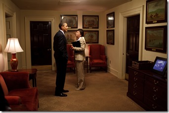 President Barack Obama and Senior Advisor Valerie Jarrett chat outside the Oval Office in the White House, June 12, 2009. (Official White House Photo by Pete Souza)<br /><br />This official White House photograph is being made available for publication by news organizations and/or for personal use printing by the subject(s) of the photograph. The photograph may not be manipulated in any way or used in materials, advertisements, products, or promotions that in any way suggest approval or endorsement of the President, the First Family, or the White House.