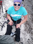 Time for crampons. To the right water is running over the surface of hard ice. Odd footing and almost amusing watching those without crampons going down.