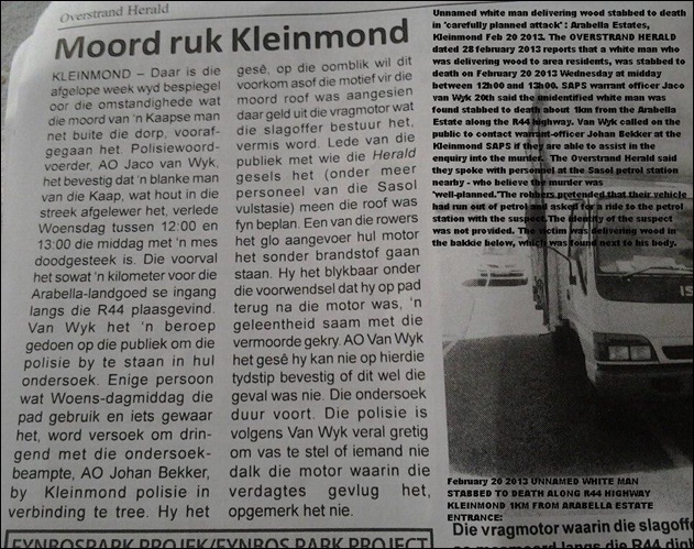 KLEINMOND WHITE MAN STABBED TO DEATH ARABELLA ESTATE FEB202013