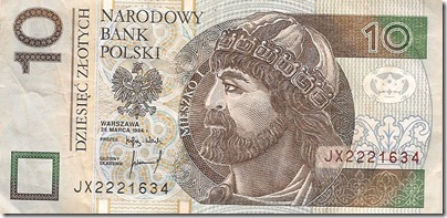 Frente de uma nota de 10 zlotys