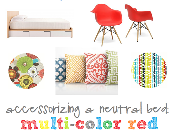 accessorizing a neutral bed with red and bright pop colors