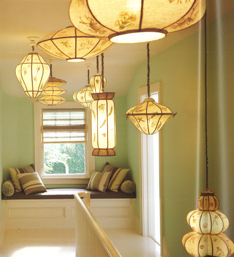 This whimsical arrangement of lanterns evokes the edginess of a modern sculpture.