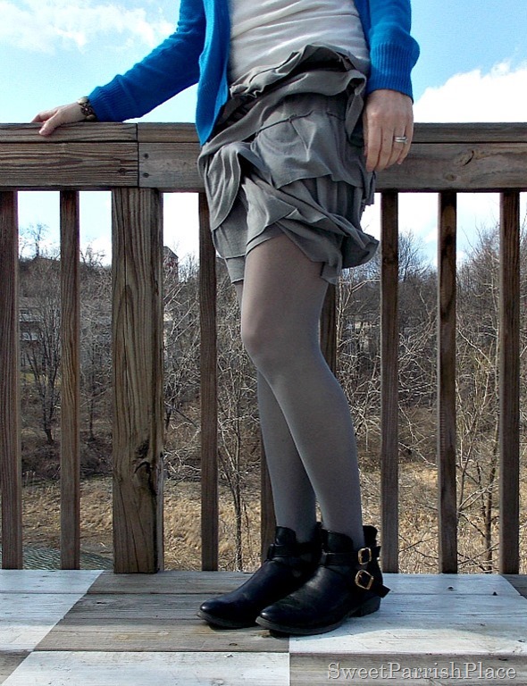 Grey tiered ruffle skirt, blue cardigan, black booties1