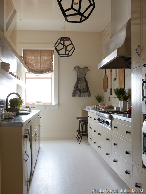 galley kitchen white zinc counters