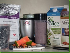 Lunch today - Vi-Shape Nutritional Shake Mix (available from http://kangenlito.myvi.net), blueberries, papaya (Marche Centrale de L'Ouest), So Nice Soy Drink, some of the left over Almond Vanilla (IGA) - yummy, nutritious.