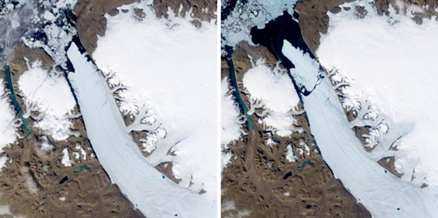 Satellite images taken on July 28, 2010, left, and Aug. 5, 2010, show before and after a giant ice island broke away from the Petermann Glacier in Northern Greenland. The island measured 100 square miles. NASA via AP