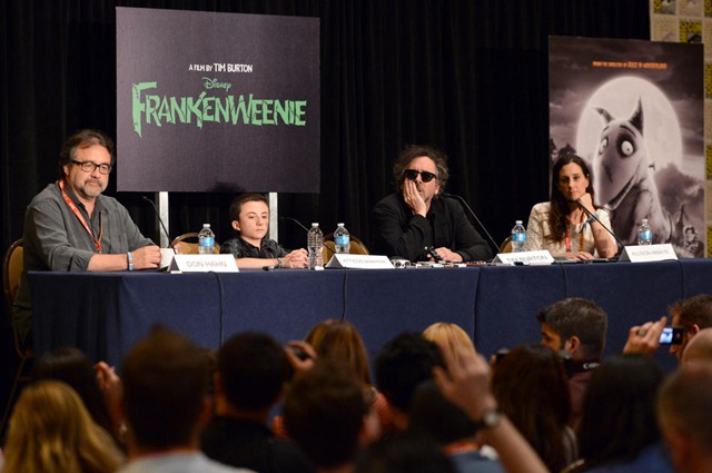 SAN DIEGO, CA - JULY 12:  (L-R) Executive producer Don Hahn, actor Atticus Shaffer, director/producer Tim Burton, and producer Allison Abbate speak at the "Frankenweenie" interviews during Comic-Con International 2012 at Hilton Bayfront Hotel on July 12, 2012 in San Diego, California.  (Photo by Alberto E. Rodriguez/WireImage)