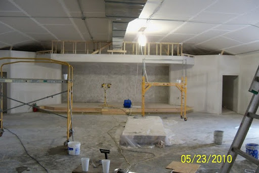 This is a photograph of the drywall interior of the Kingdom Hall. (Photo by Art Morris)