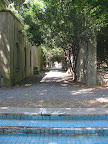 These beautiful blue steps led up from a shallow pool and down a tree-lined walkway.