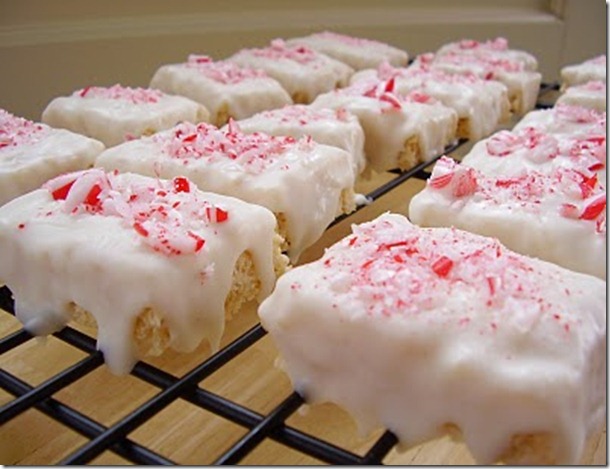 White Chocolate Covered Peppermint Rice Krispie Treats