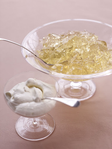 For grown-ups only, our champagne gelatin, paired with fresh whipped cream, will delight the young at heart and sophisticated of palate. (Martha Stewart Weddings) For grown-ups only, our champagne gelatin, paired with fresh whipped cream, will delight the young at heart and sophisticated of palate. (Martha Stewart Weddings)