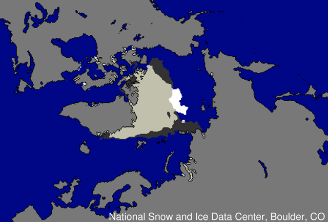 This image shows the different distribution of ice extent at the time of the September 2012 minimum, compared to the September 2007 minimum. Dark gray indicates where ice extent was present only in 2007; white indicates where ice extent was present only in 2012; and light gray shows where ice extent was present in both 2007 and 2012. National Snow and Ice Data Center