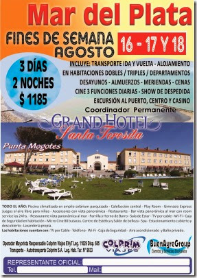 Mar del Plata FINES DE SEMANA AGOSTO Grand Hotel Santa Teresita 3D 2N PC FREE