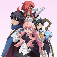 The main cast from season 1; Clockwise from the bottom: Louise, Saito, Kirche, Siesta, and Tabitha