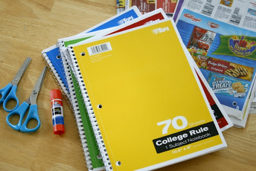 What You'll Need: School paper notebooks,
scissors, adult and child size glue, grocery ads or old magazines

Optional: Colored pens or markers,
decoupage glue, newspaper, and sponge brush