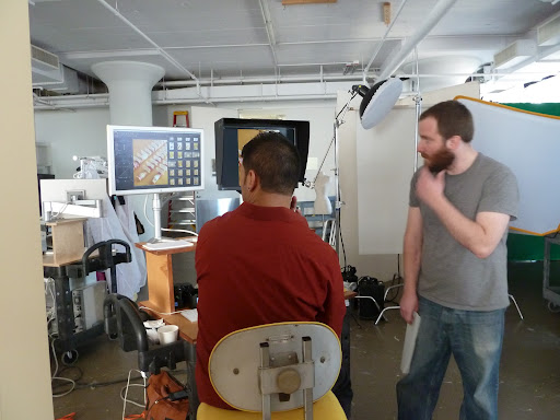 Our photographer, Bryan Gardner (right) checking out the light on our latest shot.