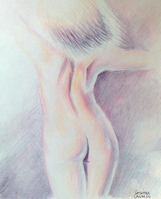 Nud cu spatele desen creioane colorate - Nude woman color pencil drawing