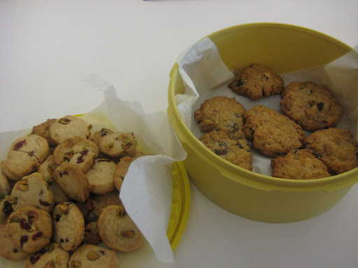 I made icebox slice-and-bake cookies with cranberries and pistachios and a granola-like cookie with oats, chocolate chips, pecans, and dried cherries. I made icebox slice-and-bake cookies with cranberries and pistachios and a granola-like cookie with oats, chocolate chips, pecans, and dried cherries.