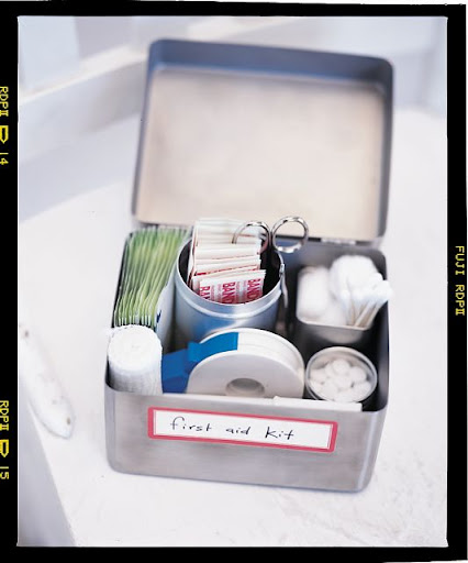 For the magazine, we've created a few custom first-aid kits using found containers. This hinged top metal box makes a looks great looking kit. For the magazine, we've created a few custom first-aid kits using found containers. This hinged top metal box makes a looks great looking kit.