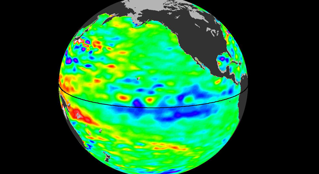 The latest image of sea surface heights in the Pacific Ocean from NASA's Jason-2 satellite shows that the January 2012 La Niña is peaking in intensity. Yellows and reds indicate areas where sea surface height is higher than normal (due to warm water), while blues and purples depict areas where sea surface height is lower than normal (due to cool water). Green indicates near-normal conditions. NASA / JPL Ocean Surface Topography Team