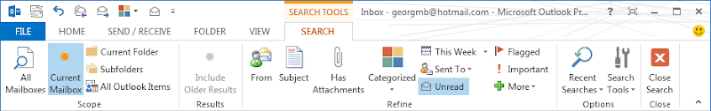 Office 2013 Outlook Search ribbon