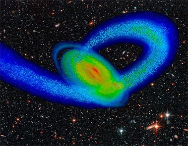 ilustração da galáxia anã de Sagitário e da Via Láctea