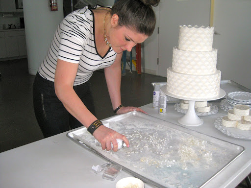 Here I am spraying some edible pearl paint on the sugar gemstones so that they would really pop when placed on the 
