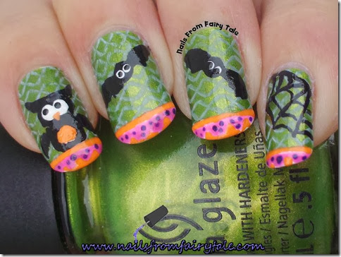 china glaze cha cha cha with owl bats and web