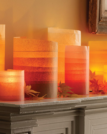Wrap hurricane glasses in layers of colorful tissue paper to glowing effect: although it appears there are multiple tints, only one shade is used. Wrap hurricane glasses in layers of colorful tissue paper to glowing effect: although it appears there are multiple tints, only one shade is used.