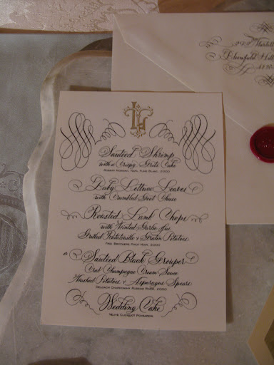 Bernard Maisner's calligraphy graces this menu card.