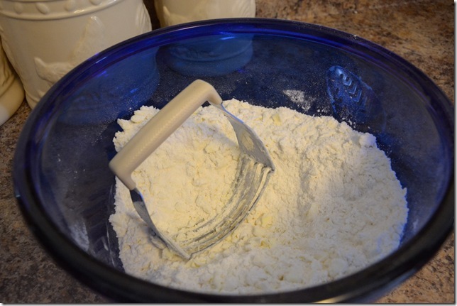 The first step of cut out sugar cookie recipe - mixing butter into the dry mixture with a pastry blender.
