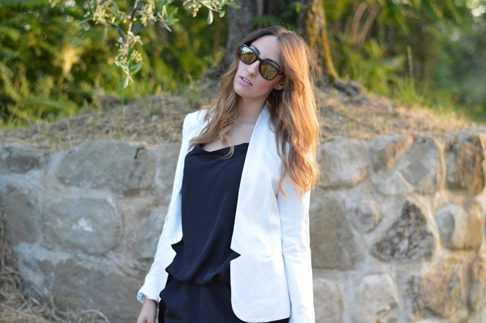 Black dress, white blazer, vestitino nero, borsa zara, outfit vestito nero, fashion blogger vestito, rupert sanderson, carrera, carrera sunglasses, occhiali da sole carrera, zara bag, borsa di zara, dior le vernis, dior nailpolish