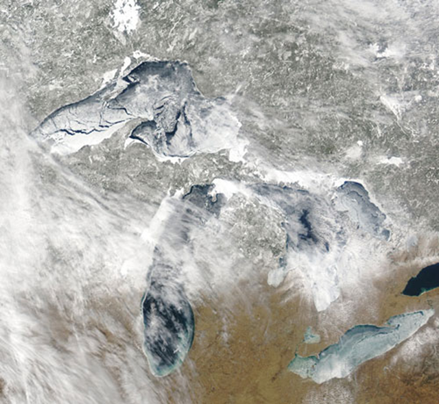 Satellite view of Great Lakes ice cover on 4 March 2009. NOAA