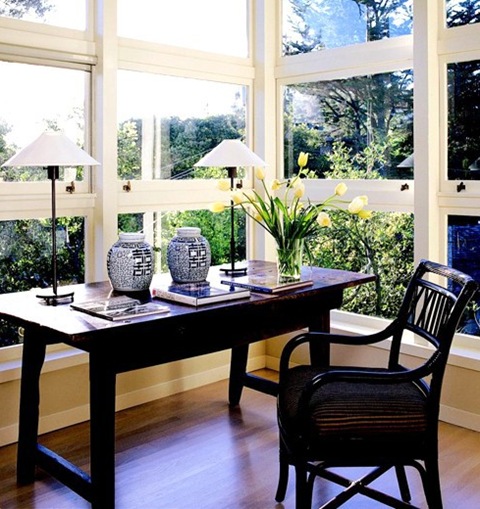 home office space accessorized with blue and white