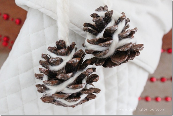 DIY Holiday Glitter Pinecone Pompoms from Setting for Four #diy #tutorial #glitter #glamour #pompom #pinecone #holiday #christmas