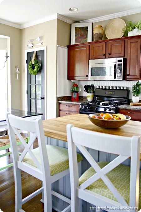 bright kitchen, wood cabinets