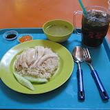 Chicken and rice and sweet barley drink at the Maxell Road Hawker Centre