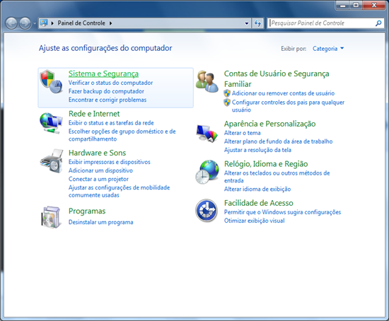 No Painel de Controle, clique no Menu Sistema e Segurança.